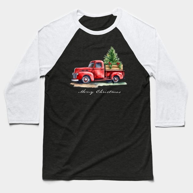 Classic Red Vintage Wagon Truck Christmas Tree Design Baseball T-Shirt by dlinca